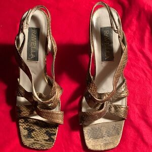 Leather snakeskin strap sandals w/ 2” thick heels size 9.5M